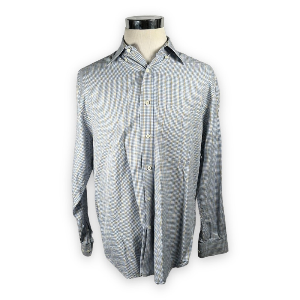 Brioni Mens Button Down Shirt Blue Gingham Long Sleeve Collar Pocket Italy L
